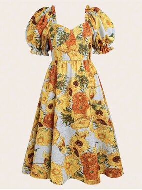 SHEIN Yellow & Orange Sunflower Puff-Sleeve Midi Dress Van Gogh Print